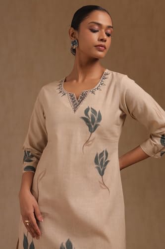 Soch Womens Beige Cotton Flex Floral Print Kurta with Mirror Work