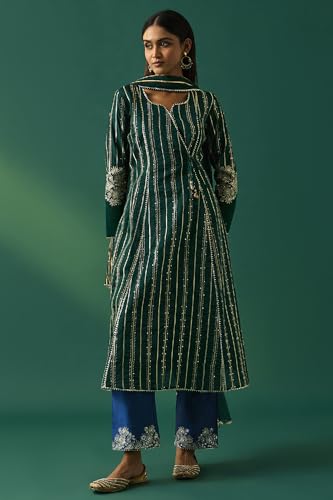 Wishful Women's Green Striped Embroidered Angrakha Kurta with Trouser and Dupatta Set - (SP12864-401158-XXL)