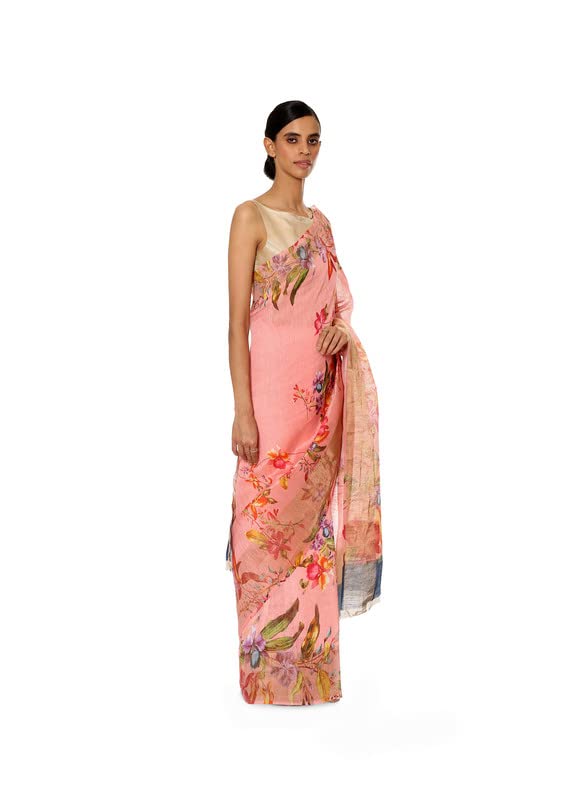 Satya Paul Pink Rose Banarasi Linen Printed Silk Saree for Women