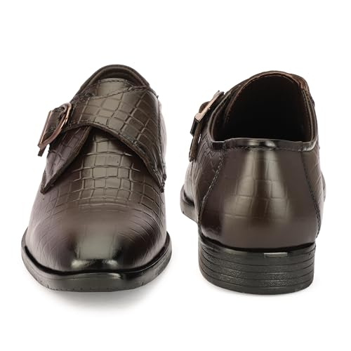 Leatherful Single Monk Strap Shoe, Genuine Leather, Black, TPR Sole, Nappa Leather Lining, (Croco Brown, UK Footwear Size System, Adult, Men, Numeric, Medium, 9)