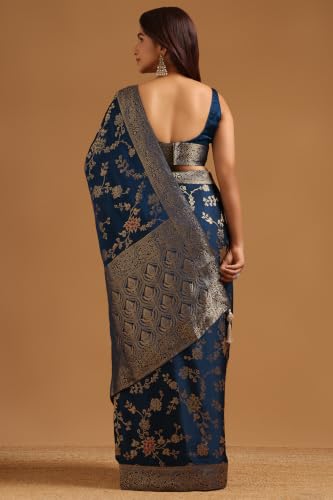 Soch Womens Navy Blue Satin Botanical Zari Woven Saree