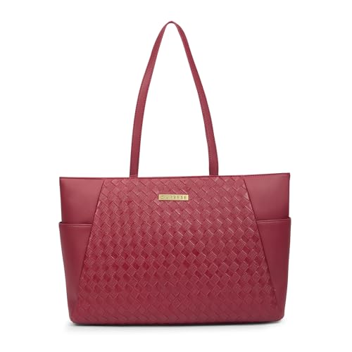 Caprese Patricia 14 Inch Laptop Compatible Large Tote Bag for Women | Stylish, Durable, and Spacious with Multiple Compartments, Back Zipper Pocket for Work, Travel, and Everyday Use (Cherry Red)