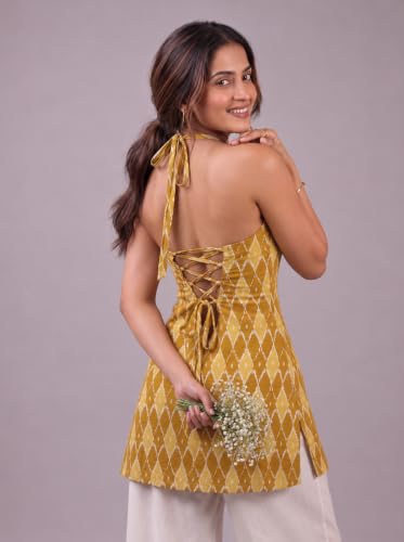 Rangrooh Women's Cotton Printed Short Corset Kurti | Halter Neck Sleeveless Backless Lace-Up Tie | Indo-Western Summer Ethnic Kurti (Yellow) - L