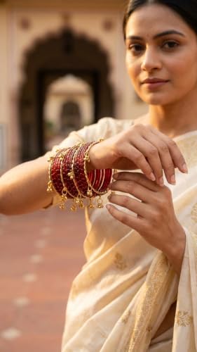 Kashmiri Ghangharoo Glass Bangles Set for Women | Light Weight Bangles | Traditional Transparent Fancy Glass Chudi Set for Wedding, Party(Set Of 16) Mahroon colour