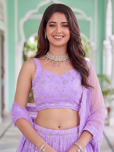 Zeel Clothing Women's Zari and Sequins Embroidered Georgette Lehenga Choli With Dupatta (5058-Lavender-Women-Latest-Lehenga-Choli, Free size)