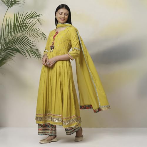 BIBA Women's Cotton Suit Set (SKD7670AW21LIGRN_Lime Green