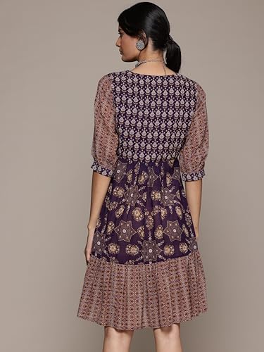 Aarke Ritu Kumar V-Neck Elbow Sleeve Printed Dress Purple