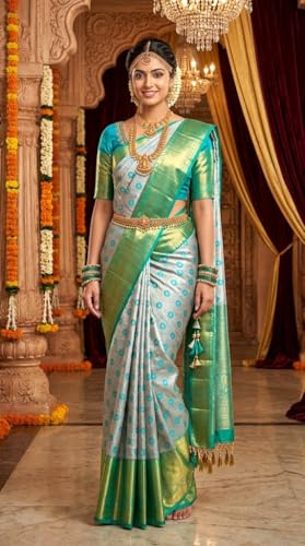 VFCollections Women's Traditional Handloom Kanchipuram Silk Pure Pattu Sarees – Peacocks Border | Rich Zari Woven Design | Bridal Saree | Unstitched Blouse (VFC688-1)
