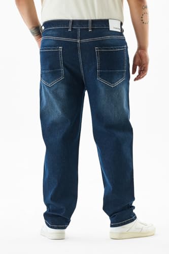 SNITCH Men Blue Casual Plus Size Jeans | Slim Fit Mid Rise Washed Denim with Turned-Up Cuffs | Cotton Blend Fabric with Smooth Texture & Medium Stretch for Summer Wear