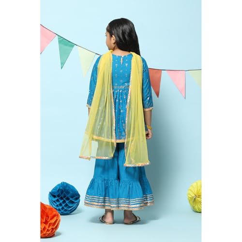 BIBA Girl's Cotton Printed Gathered Kid Kurta with Pant & Dupatta(Kw5482_Blue_9)