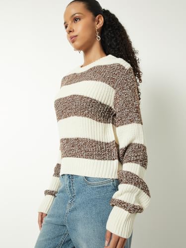 Max Women Boxy Fit Striped Sweater (Green_M)