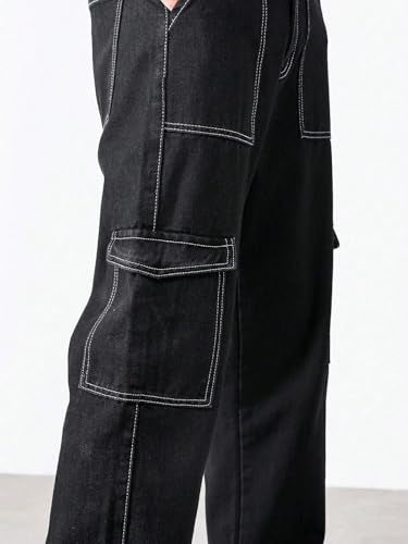 KOTTY Men's Solid Loose Fit Street Style Utility Wear Baggy Cargo Jeans(Black,28)