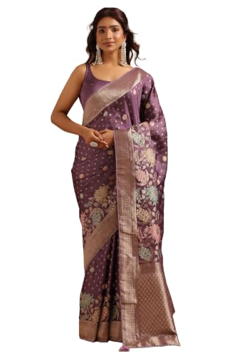 Soch Womens Lavender Satin Botanical Zari Woven Saree