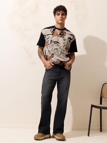 The Souled Store Marvel: It's Rocket Men and Boys Short Sleeves Round Neck Black and Beige Graphic Printed Casual Lightweight Drop Shoulder Streetwear Trendy Oversized T-Shirts