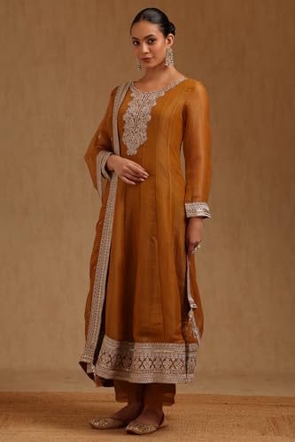 Soch Womens Mustard Tissue Embroidered Suit Set With Stone Work