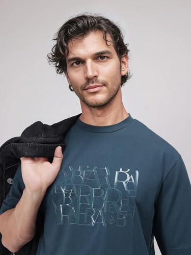 RARE RABBIT Men's Ovem Dusky Teal Cotton Blend Graphic Print Qlo Fit Half Sleeve Crew Neck T-Shirt