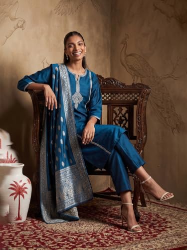 Max Women Woven Design Straight Kurta Set (Blue_M)
