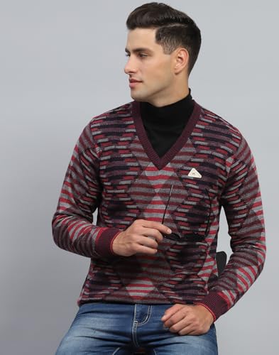 Monte Carlo Mens Striped Wine V Neck Full Sleeve Pullover (1243199VN-2-46)