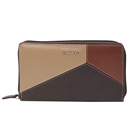 Calfnero Women's Genuine Leather wallet-Long Purse Wallet with Multiple Card Slots, Zip Pocket and Note Compartment (Brown -Multi)