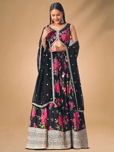Zeel Clothing Women's Digital Print with Embroidered Chinnon Lehenga Choli With Dupatta (7098-Women-Lehenga-Choli-Latest, Free size) (Black)