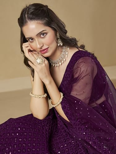 Zeel Clothing Women's Sequins Thread Embroidered Georgette Lehenga Choli With Dupatta (5124-Women-Lehenga-Choli-New; Free size) (Yellow) (Wine)