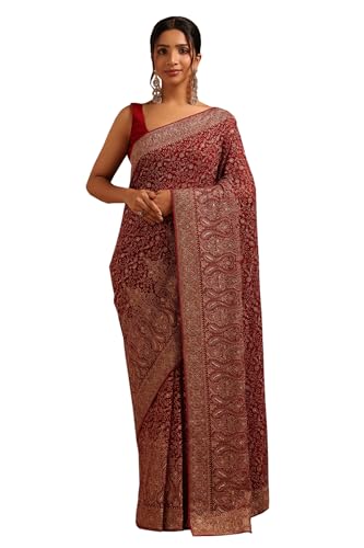 Soch Womens Maroon Georgette Botanical Saree With Stone Work
