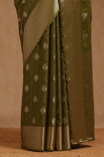 Soch Womens Olive Georgette Ethnic Motifs Zari Woven Saree
