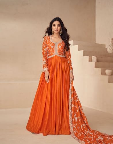 Shampysky Women's Orange Chinon Stitched Gown With Dupatta Full Sleeve Embroidered Anarkali Gown (SSW-1244-Orange-XXL)