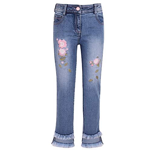 Cutecumber Girls Cotton Rich Denim Strech Fit-Leg Jeans – Pink Floral Embroidery & Ruffle Hem, Stylish Casual Outfit for Baby Girls & Kids (Age 1–15 Years)