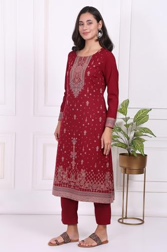 W for Woman Maroon Ethnic Motifs Printed Straight Kurta, Straight Pants and Dupatta Set - (WS13383-314582-XXL)