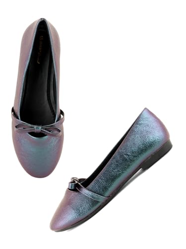 DROP BOLD Green Textured Round Toe Ballerinas With Bows For Women And Girls