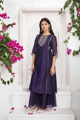 W for Woman Purple Zari Embroidered A Line Kurta with Flared Pant and Dupatta Set (WS13285-224374-XS)