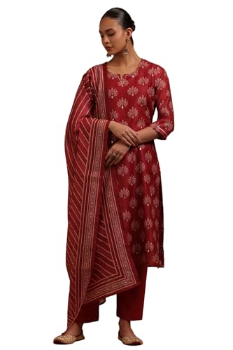 Soch Womens Brick Red Chanderi Floral Printed Salwar Suit With Zari