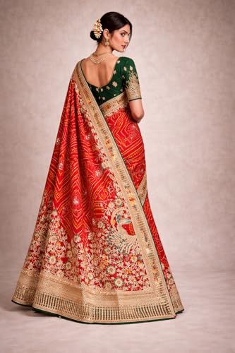 Traditional Rajasthani Saree, Silk Blend, Multicolor, Jacquard Weave, Zari Embroidery, with Blouse Piece, 550 cm