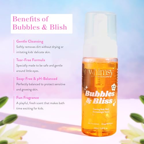 Whimsy Beauty Foaming Body Wash for Girls & Kids | Gentle Tear-Free Cleanser with Aloe Vera & Orange Extract | Safe for Sensitive Skin | Fun Scent | 4 to 16 Years | Organic, Natural Formula | Sulfate & Paraben Free | Dermatologist Tested