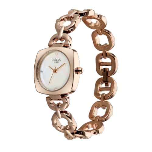 Titan Raga Showstopper 5.0 Quartz 3 Hands Shaped White MOP Dial, Rose Gold Strap Watch for Women - 95481WM01