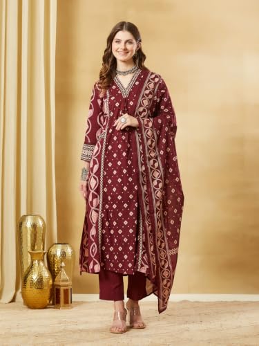 Divena Maroon Cotton V-Neck A-Line kurta Pant set With Dupatta