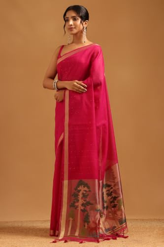 Soch Womens Fuchsia Tissue Weave Woven Design Zari Woven Sequin Detail Saree