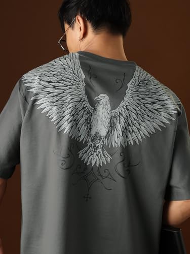 The Souled Store Nomad: Wings Men and Boys Short Sleeves Round Neck Grey Printed Casual Drop Shoulder Streetwear Trendy Super Oversized T-Shirt
