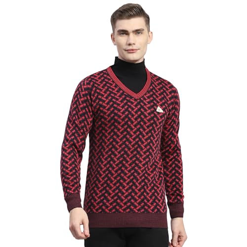 Monte Carlo Mens Pink Self Design V Neck Full Sleeve Wool Blend Casual Sweater (1239277VN-1-40)