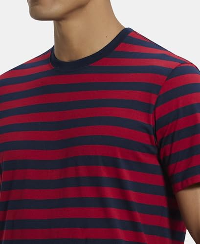 Jockey Men's Regular Fit Striped Round Neck Half Sleeved T-Shirt 2715_Navy & Shanghai Red_L