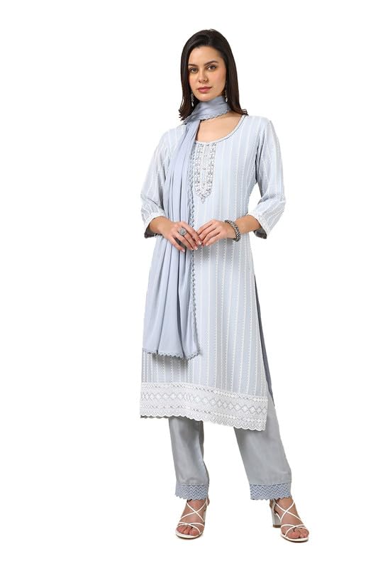 Soch Womens Grey Rayon Embroidered Suit Set With Mirror Work