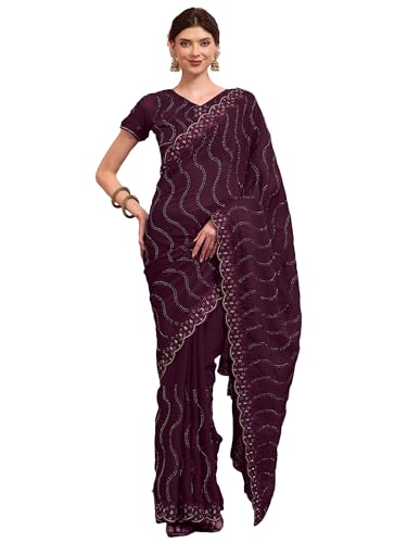 AKHILAM Women's Wine Tissue Geometric Printed Saree With Unstitched Blouse Piece (KRIYNS4905_KH)