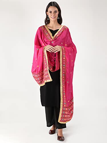 Zamour Women's Embroidered Chiffon Dupatta (304_Pink_Free Size).