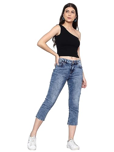 HAPPENING Plus Size Women -Curvy Slim Fit Stretch Denim Capri/Cropped Jeans- MID Rise -Above Ankle-Faded Mid Blue- Waist Size 30(M) to 48(8XL) inch (in, Numeric, 42, Faded Mid Blue)