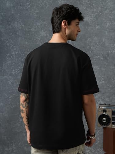 The Souled Store Oversized T-Shirt: Distorted Reality Men and Boys Short Sleeves Round Neck Black Graphic Printed Casual Lightweight Drop Shoulder Streetwear Trendy Oversized T-Shirt