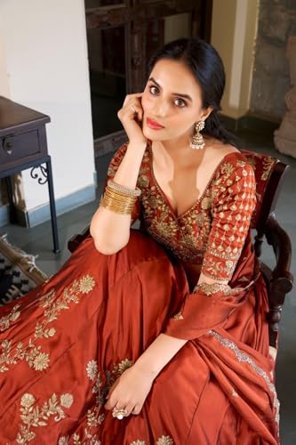 JIHU CULTURE Women's Orange Sequence Embroidery Work Silk Semi-Sttiched Lehenga Choli-JH290ORG