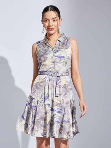 Latin Quarters Women Purple Collared Sleeveless Printed A-Line Dress for Casual Wear