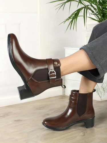 Elle Women's Fashionable Buckle Boots Colour-Brown, Size-UK 4