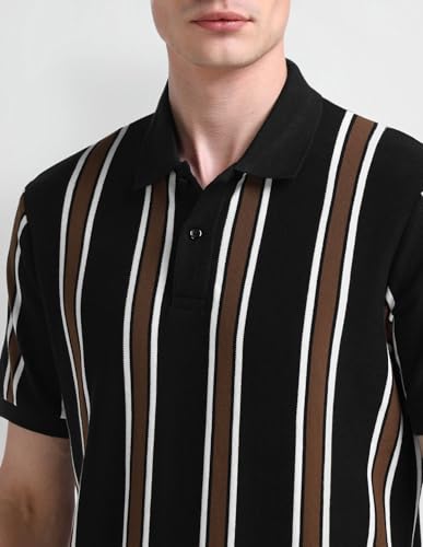 Arrow Sports Men's Black Striped Collared Neck Half Sleeve Casual Cotton Regular Fit T-Shirts (ASAITS3315_Black_3XL)